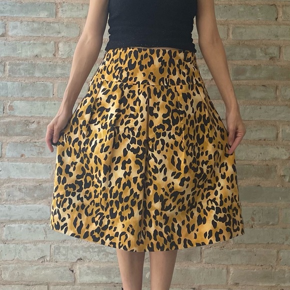 St. John Skirt Leopard Print Pleated Drop Waist Orange Black Cotton Silk Midi - Picture 6 of 16